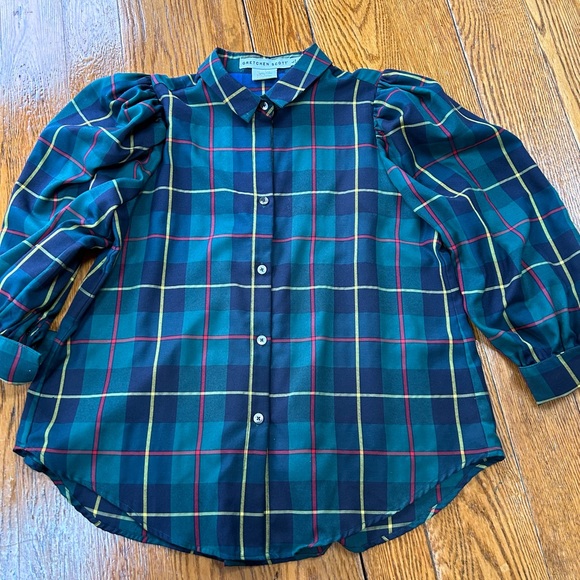 Gretchen Scott green Plaidly Cooper style blouse.  Large.  Juliette style. - Picture 2 of 13